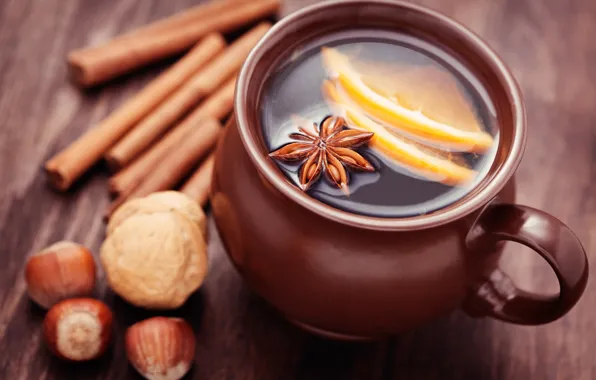 Picture winter, sticks, Cup, citrus, drink, nuts, cinnamon, spices