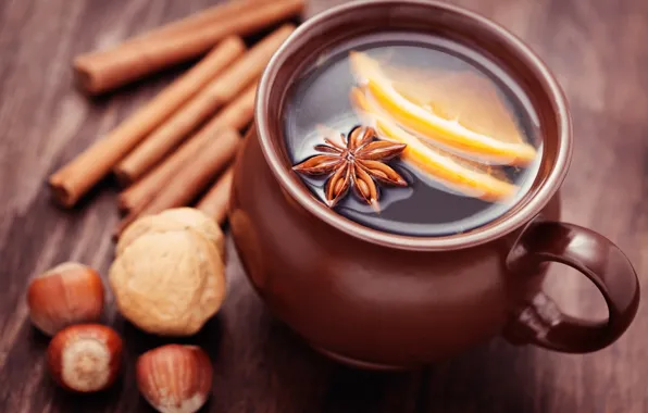 Winter, sticks, Cup, citrus, drink, nuts, cinnamon, spices