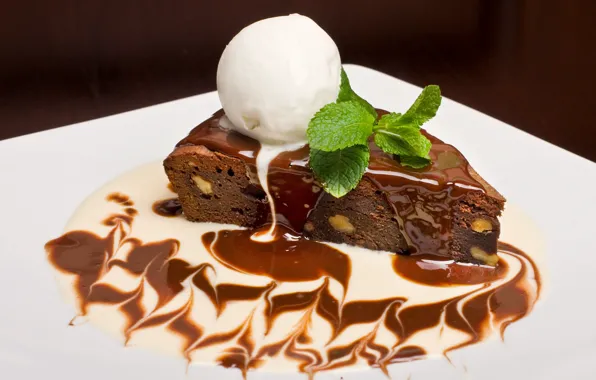 Plate, ice cream, cake, cake, mint, dessert, caramel, dessert
