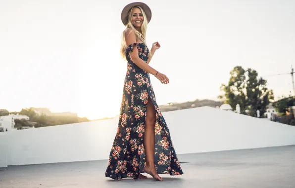 Picture summer, girl, face, smile, style, hair, hat, dress