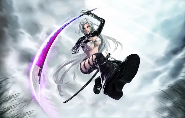 Chest, eyes, girl, attack, hair, sword, katana, boots