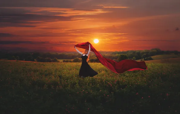 Field, girl, sunset
