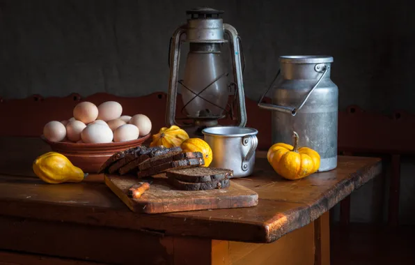 Picture eggs, mug, still life, bread, pumpkin, cans