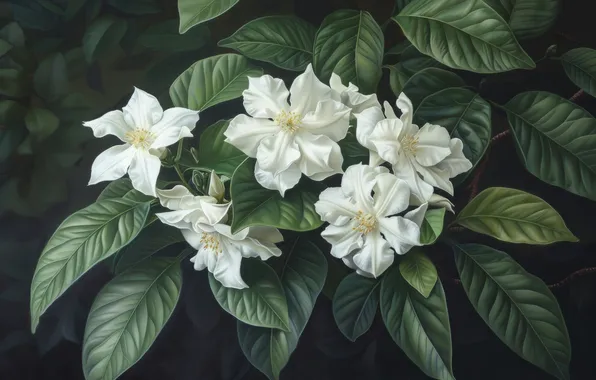 Leaves, flowers, branches, the dark background, white, flowering, Jasmine, Gardenia