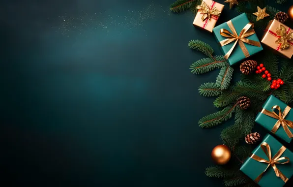 Balls, branches, Christmas, red, New year, needles, bumps, blue background