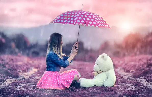 Picture girl, rain, umbrella, bear, Alessandro Di Cicco, Me and Teddy