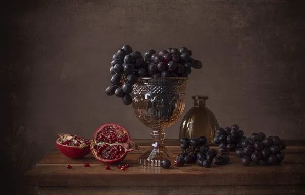 Glass, the dark background, table, grapes, fruit, still life, items, garnet