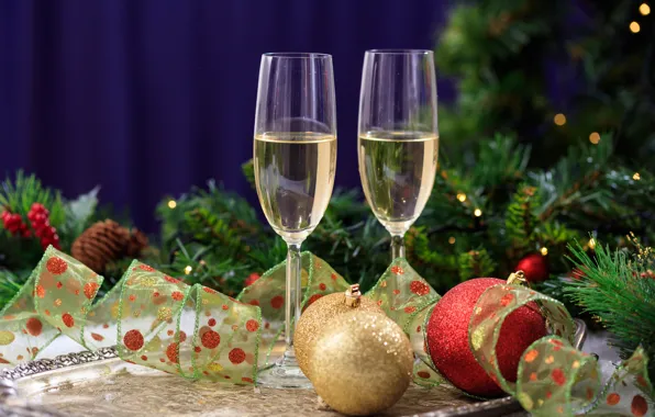 Holiday, balls, new year, spruce, glasses, tape, champagne