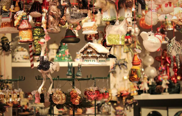 Winter, holiday, toys, Christmas, New year, figures, a lot, shop