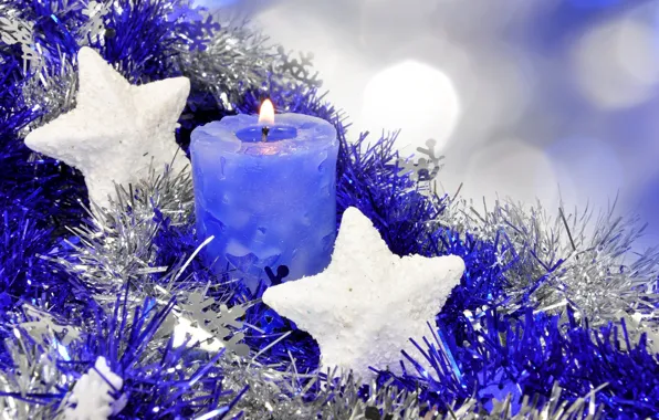 Stars, decoration, blue, holiday, star, new year, candle, tinsel