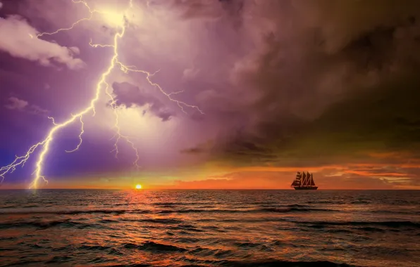 The storm, the ocean, sailboat