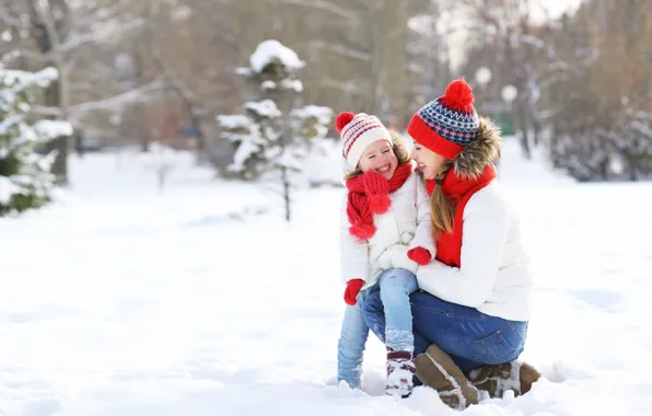 Picture winter, snow, nature, the game, girl, mom