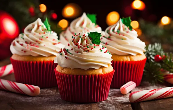 Balls, lights, Christmas, candy, New year, needles, cream, dessert