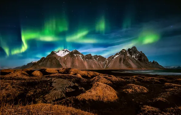 Beach, the sky, stars, mountains, night, Northern lights, Iceland, the fjord
