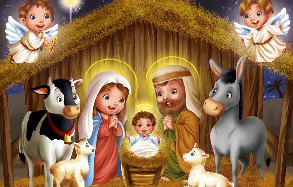 Night, star, sheep, child, cow, angels, art, hay