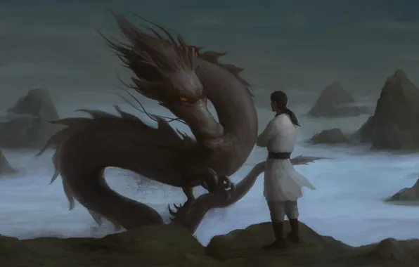 Clouds, mountains, dragon, people, art, Asian