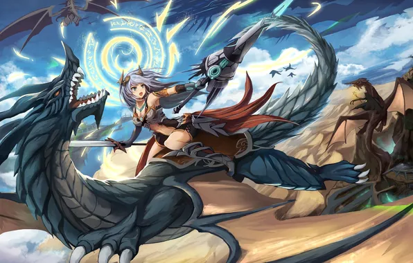 The sky, girl, clouds, flight, weapons, magic, dragons, sword