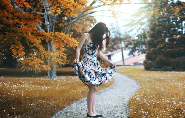 Girl, house, grass, dress, trees, park, flowers, autumn