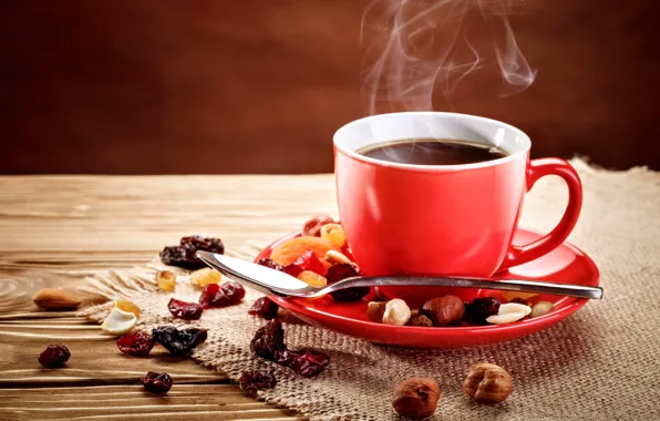 Picture red, coffee, spoon, mug, nuts, spices, raisins, Usova Anna
