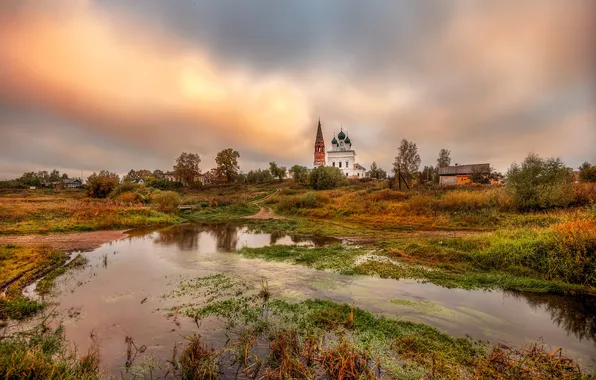 Autumn, grass, tower, puddle, Church, temple, the monastery, Sky clouds