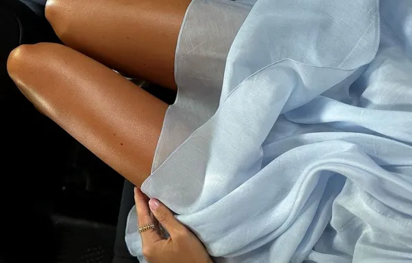 Dress, manicure, ring, slender legs, tanned legs