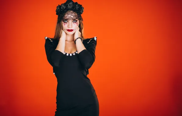 Autumn, girl, holiday, makeup, pumpkin, Halloween, Halloween, witch