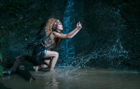 Picture water, girl, squirt, nature, style, feathers, headdress