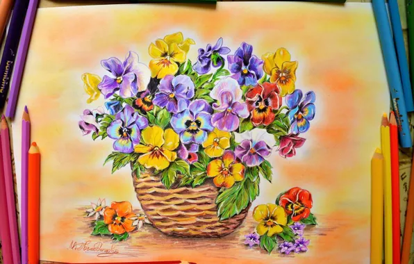 Picture Figure, Pencils, Flowers, Pansy