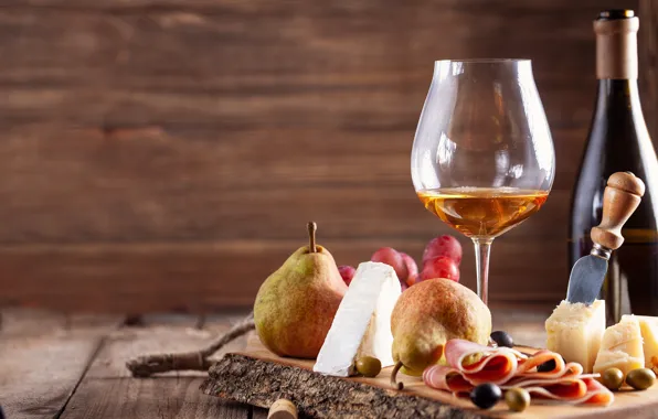Wine, glass, cheese, grapes, pear, olives, ham
