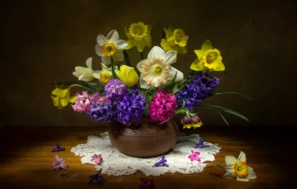 Background, bouquet, tulips, napkin, daffodils, hyacinths, Tatiana Fedenkova