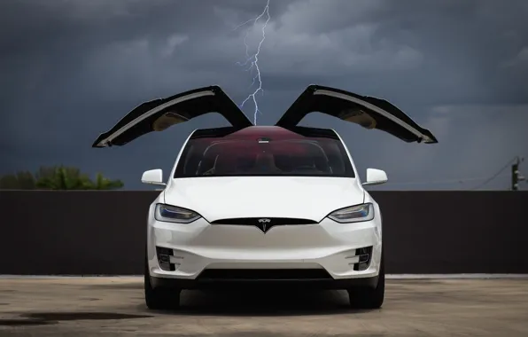 Picture Clouds, White, Tesla, Falcon, Model X, Wing, Lighting, Electric Car