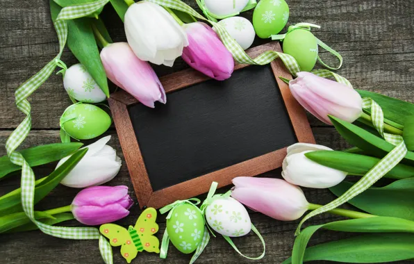 Flowers, eggs, spring, colorful, Easter, tulips, happy, wood