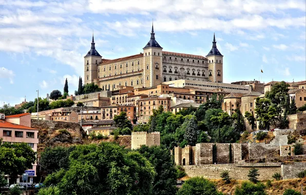 Castle, tower, home, slope, hill, Spain, Toledo, Alcazar