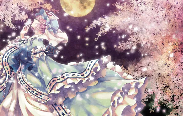 Picture girl, night, tree, magic, butterfly, calm, Sakura, the full moon