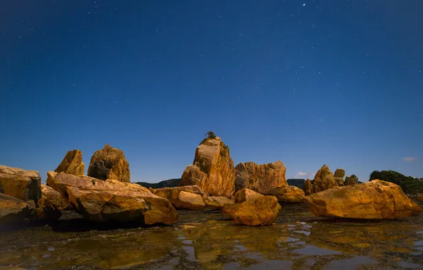 The sky, stars, night, stones, shore, tide