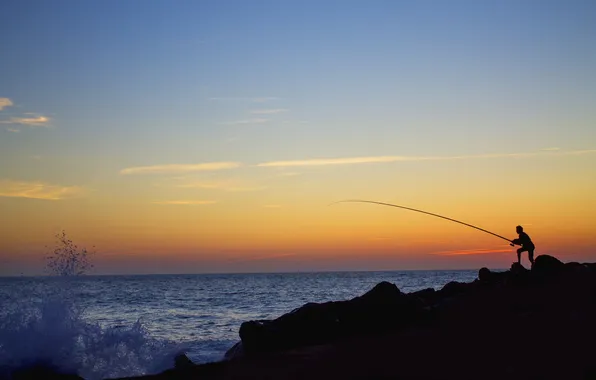 Sea, wave, clouds, sunset, squirt, stone, fisherman, horizon