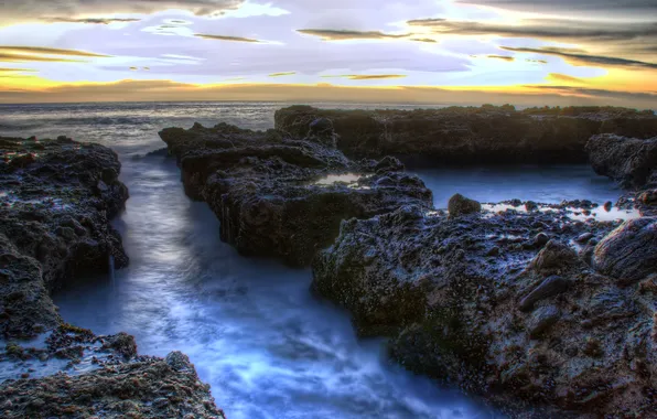 Sea, stones, dawn, coast, horizon, CA, USA