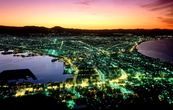 Night, the city, view, Japan, Hokkaido