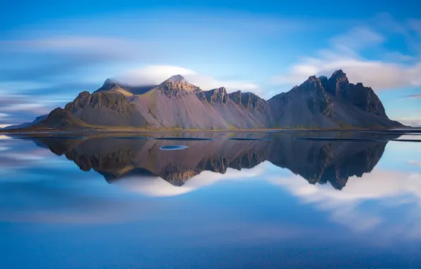 Picture the sky, reflection, mountains, Iceland, Cape, Stokksnes, Have stoknes