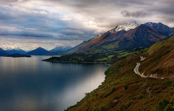 Road, snow, trees, landscape, mountains, nature, lake, island