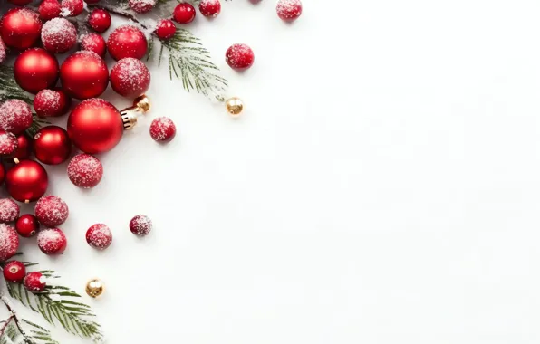 Balls, branches, Christmas, red, white background, New year, needles, Christmas decorations