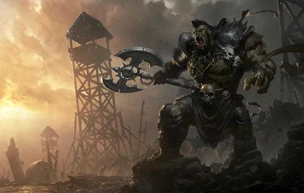 Fantasy, warrior, art, armor, axe, Orc