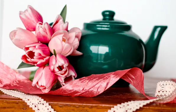 Flowers, bouquet, kettle, tulips, pink, romantic, tulips, spring