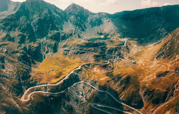 Road, mountains, lake, panorama, gorge, serpentine, the view from the top, Romania