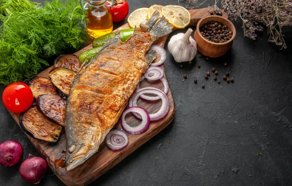 Table, food, fish, bow, dill, eggplant, vegetables, tomatoes