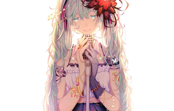 Flower, tears, white background, beads, bracelet, microphone, blue eyes, vocaloid