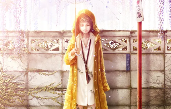Picture leaves, girl, the fence, umbrella, art, shirt, cloak, bouno satoshi