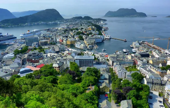 Sea, Islands, trees, landscape, mountains, coast, home, ships