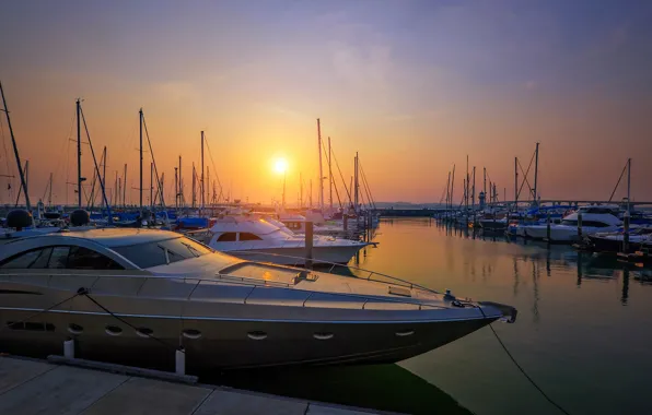 The sun, sunset, Bay, yachts
