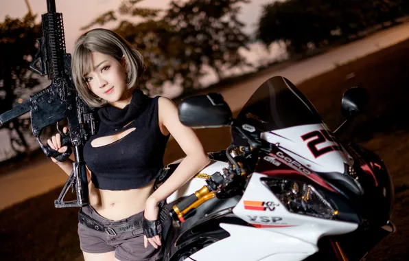Picture girl, face, weapons, motorcycle, Asian